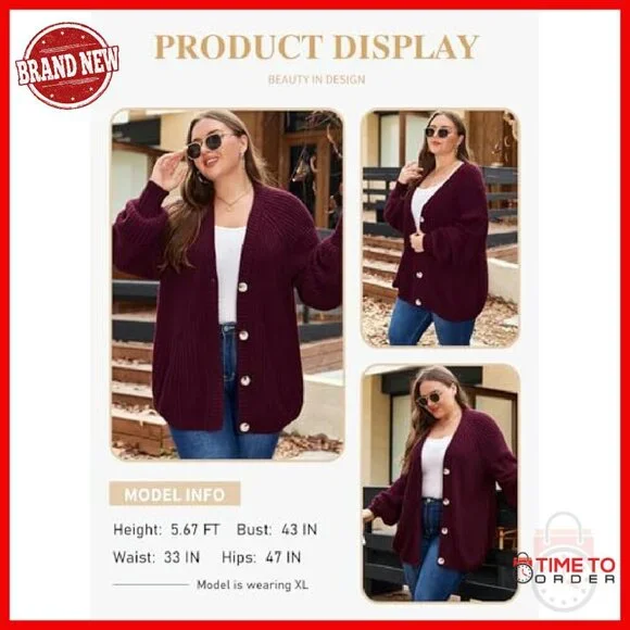 Plus Size Chunky Knit Cardigan Open Front Button Down Sweater - Picture 4 of 8